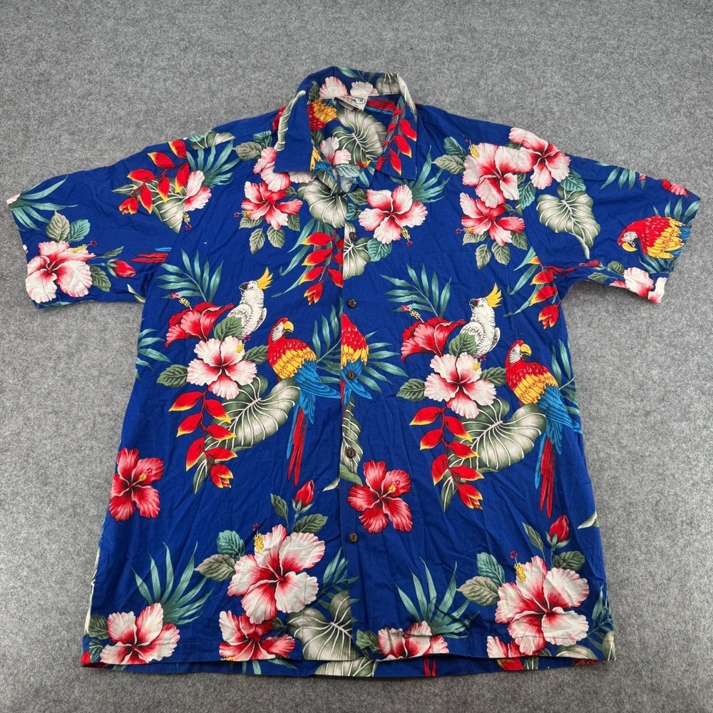 Pacific Legend Hawaiian Shirt Mens XL Blue Parrot Hibiscus Floral Button-down